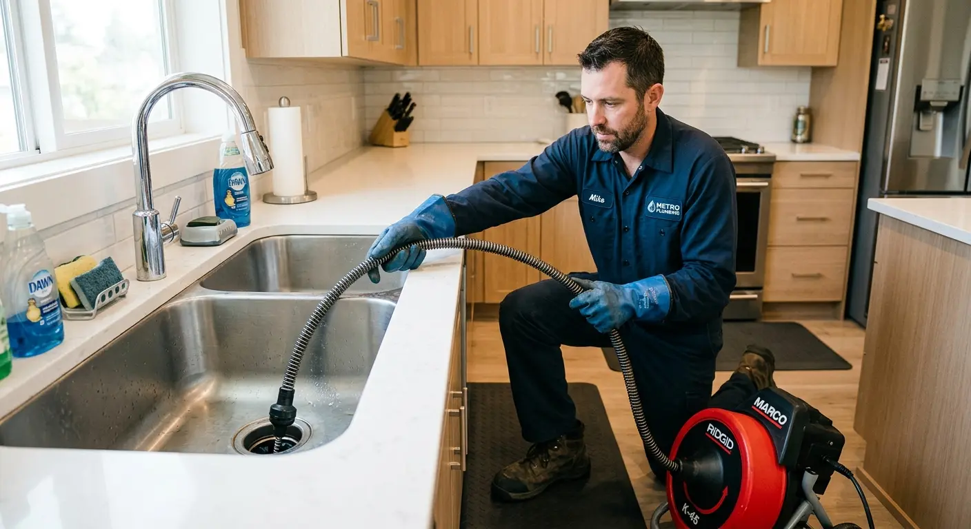 Drain cleaning technician using a motorized snake on a kitchen sink in Clarkstown