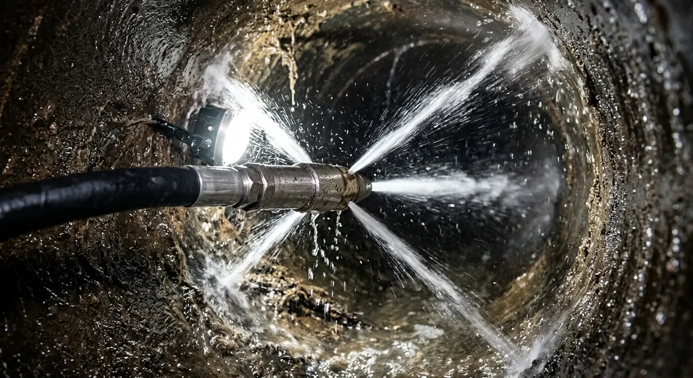 High-pressure hydro jetting nozzle cleaning sewer pipe for Sewer Cleanout in Clarkstown
