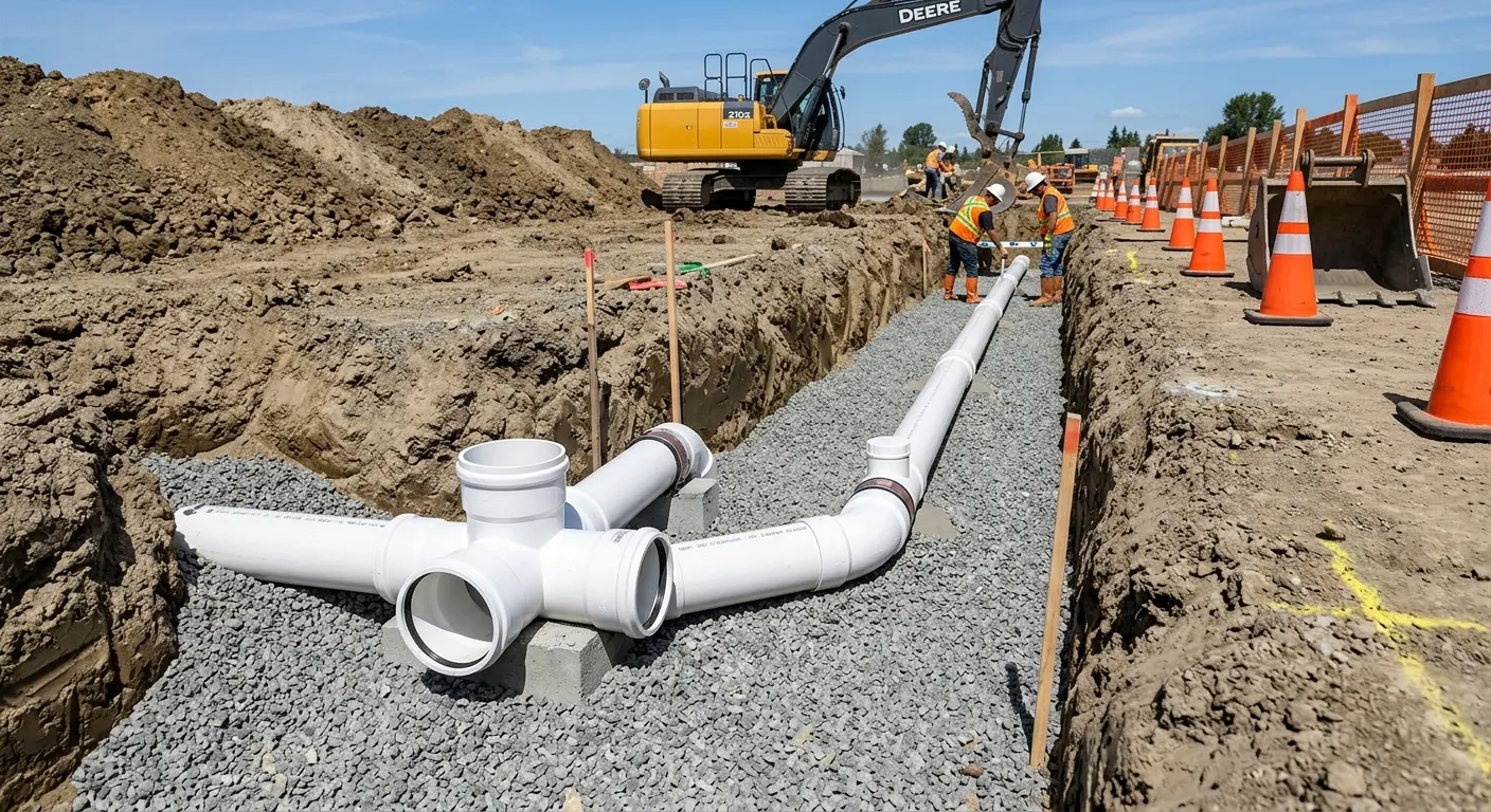 New PVC sewer pipe installation in open trench for Sewer Backup in Clarkstown