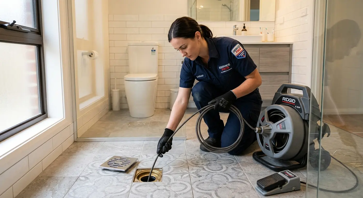 Technician clearing a bathroom floor drain for Hydro Jetting in Clarkstown